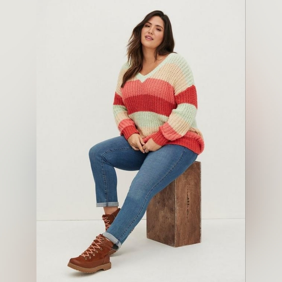 Torrid Colorful Multi Stripe Cozy Knit V Neck Sweater Women's Plus Size 0X - Picture 2 of 12